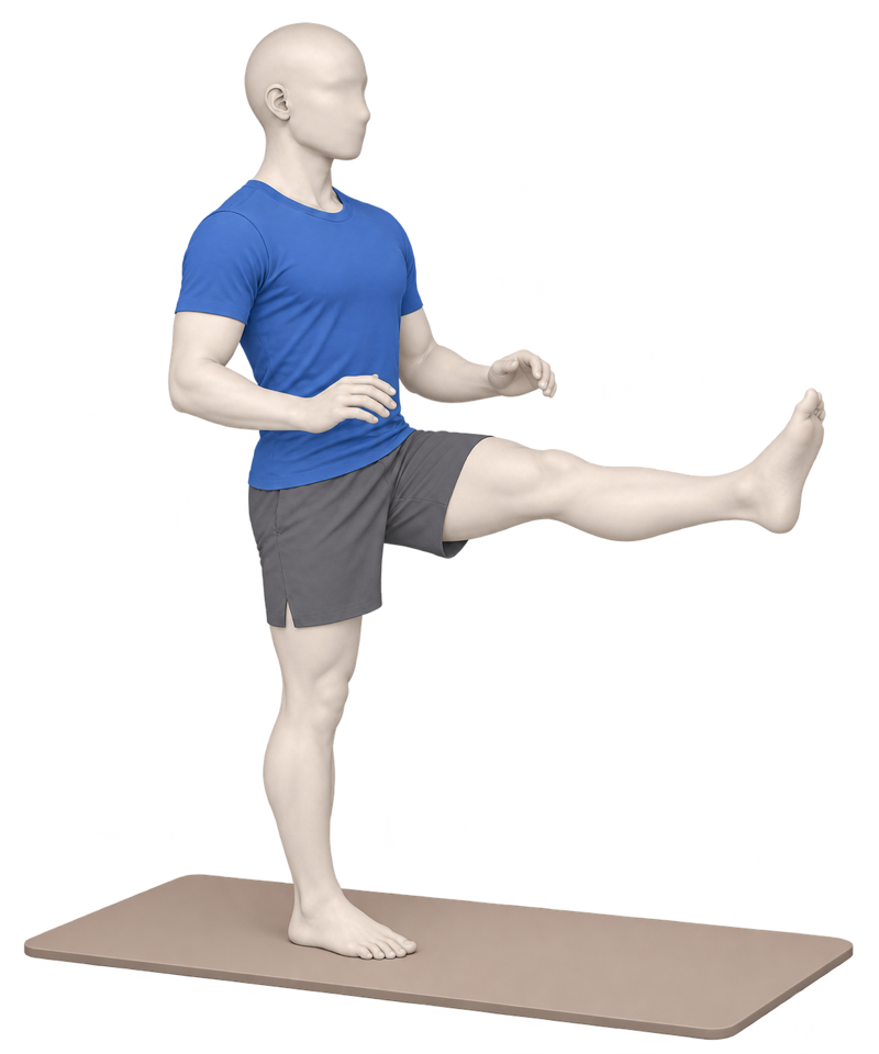 A RangeRise figure standing on a mat, holding a front kick at hip height.