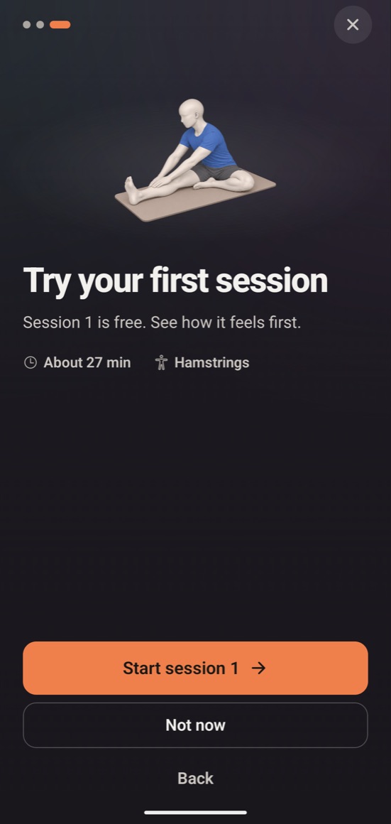 RangeRise screen: Try your first session. Session 1 is free.