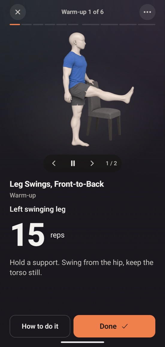RangeRise exercise screen: Leg Swings, Front-to-Back, 15 reps, with How to do it and Done buttons.