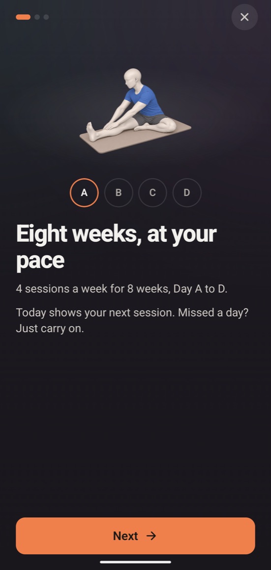 RangeRise screen: Eight weeks, at your pace. 4 sessions a week for 8 weeks, Day A to D.